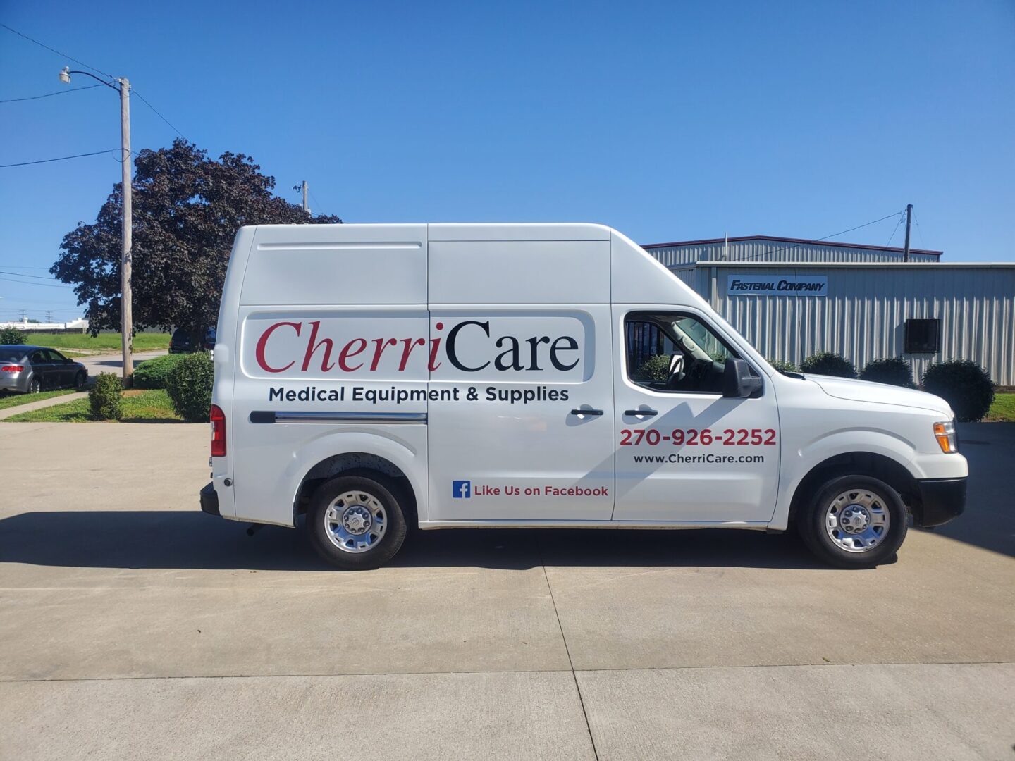 A white van with the words cherri care medical equipment & supplies on it.