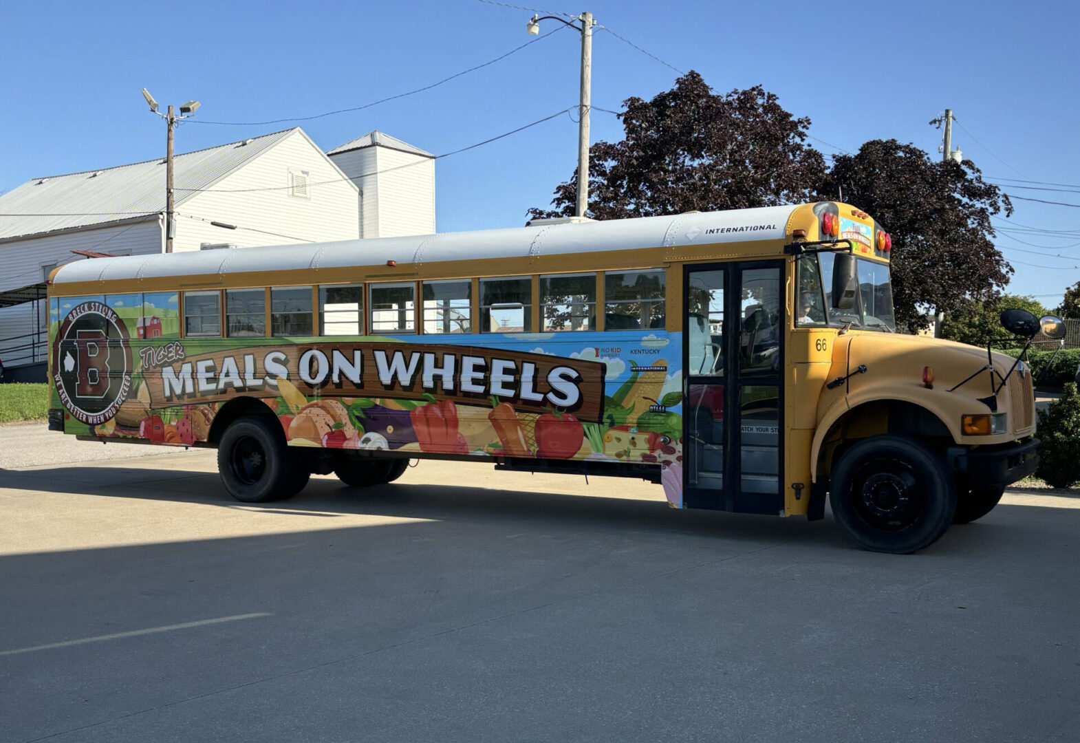 A school bus with the words 