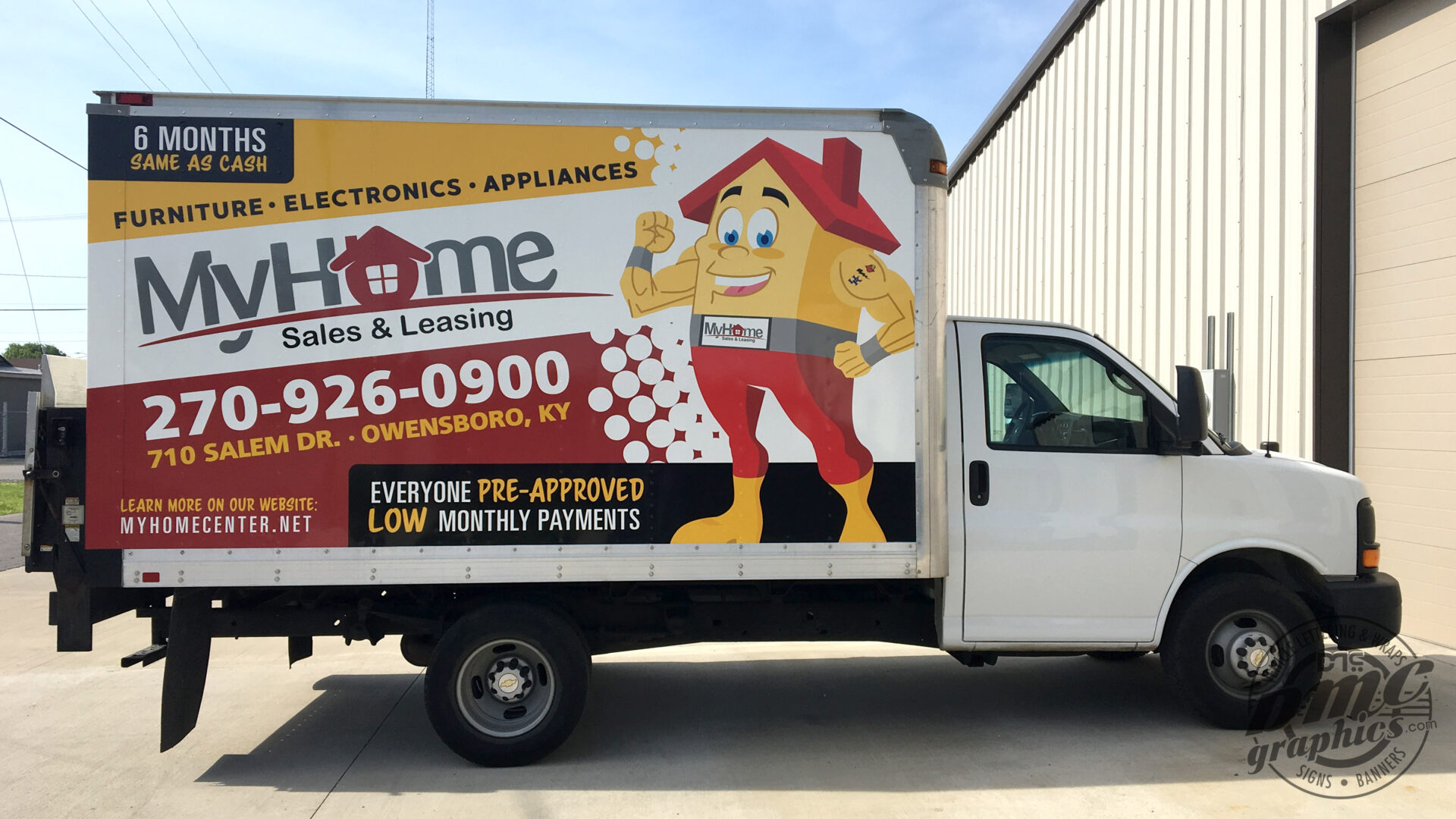 A truck with advertising on the side of it.